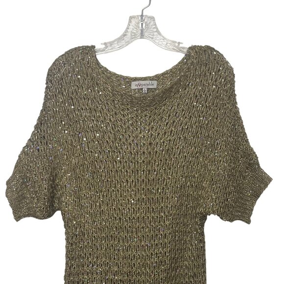 Inseparable Open Knit Sweater Womens Large Khaki Green Casual Sequin - Picture 3 of 8